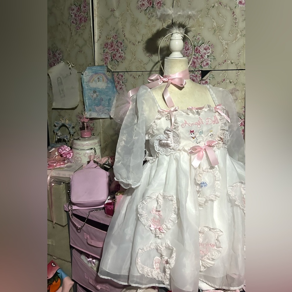The Doll, ooak puff sleeve dress  tulle white pink bows coquette cutie